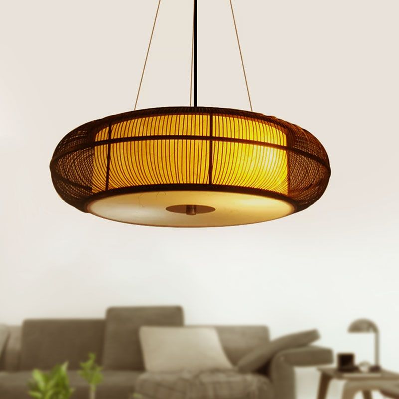 Modern Stylish Drum Shade Hanging Pendant Light Bamboo 3-Head Dining Room Ceiling Light in Black/Wood