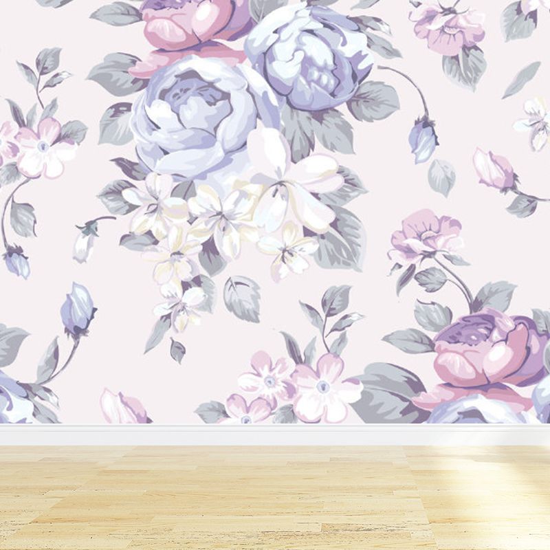Purple Flower Print Mural Wallpaper Florentine Contemporary Stain Resistant Wall Art