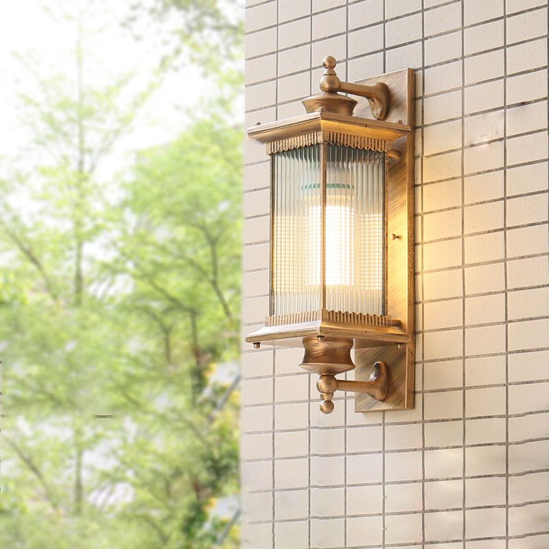 Vintage Rectangle Wall Light Fixture Single-Bulb Ribbed Glass Wall Mounted Lamp for Yard