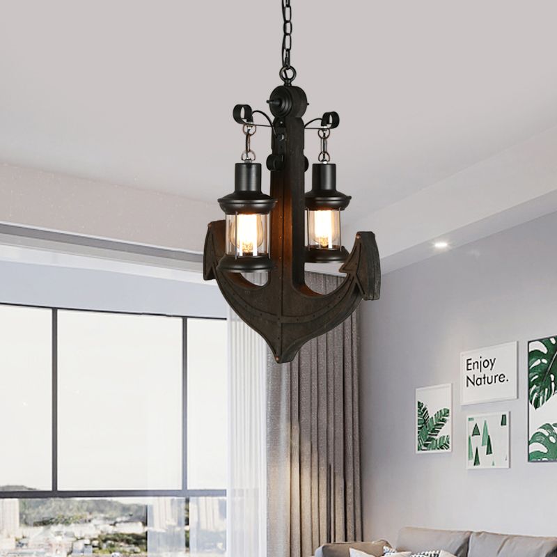 Clear Glass Black Chandelier Lighting Kerosene 2-Light Industrial Hanging Ceiling Light with Wood Anchor Design