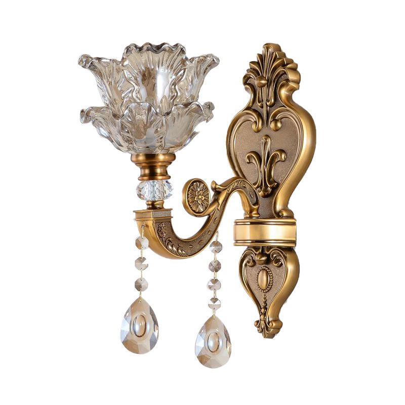1/2 Bulbs Wall Light Sconce Traditional Living Room Wall Lighting Fixture with Blossom Water Glass Shade in Brass
