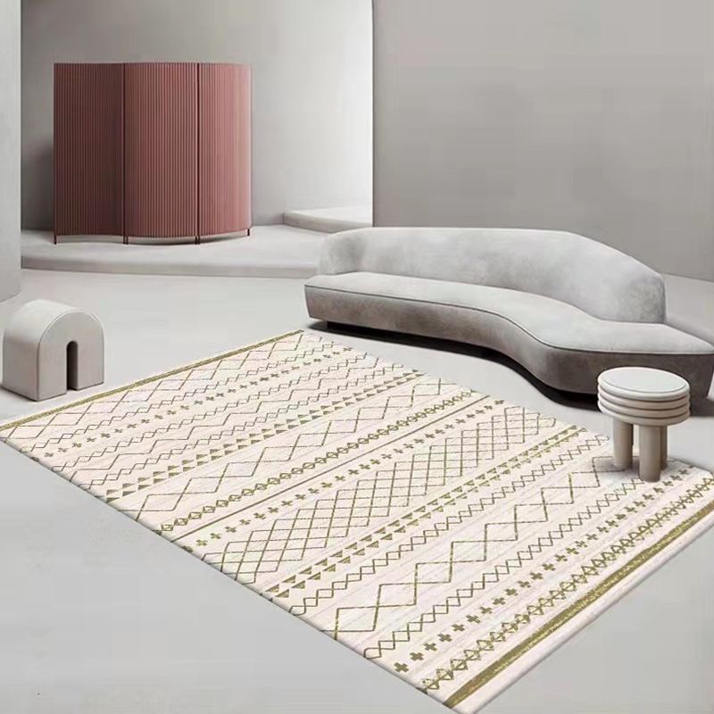 White Geometric Rug Polyester Morocco Rug Stain Resistant Rug for Living Room