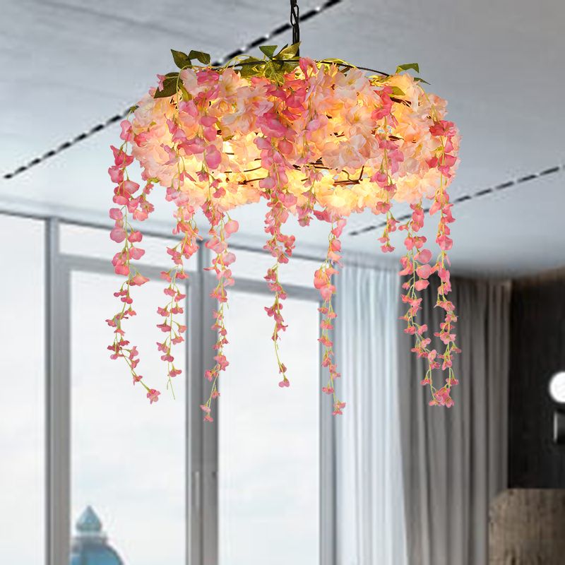 Pink 5 Lights Chandelier Lighting Vintage Metal Floral Hanging Pendant Light for Restaurant
