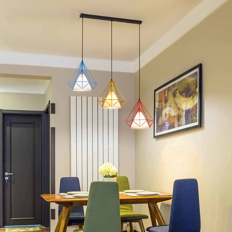 Multi Color Caged Hanging Light Industrial Style Metal and Fabric 3 Lights Indoor Pendant Lighting, Linear/Round Canopy