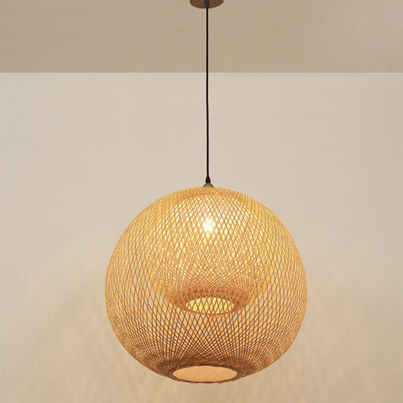 Sphere Bamboo Suspension Lighting Minimalist 1 Head Wood Pendant Ceiling Light for Tea Room