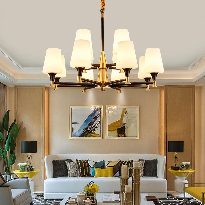 Conical White Glass Chandelier Light Traditional Bedroom Ceiling Suspension Lamp in Black