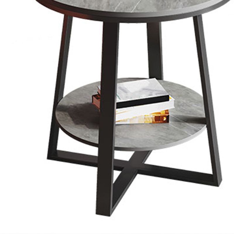 Contemporary Stone End Table Cross Base Round Top Side End Table with Shelf