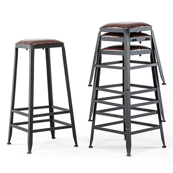 Industrial Style Armless Counter Stool Iron Cafe Bar Stool with Leather Cushion and Pedal
