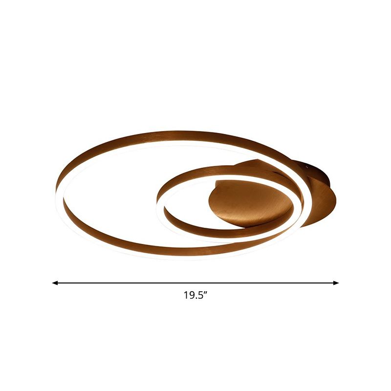 Metallic Dual-Ring Ceiling Light Modern 16"/19.5"/23.5" Dia LED Coffee Flush Mounted Lamp in Warm/White Light for Living Room