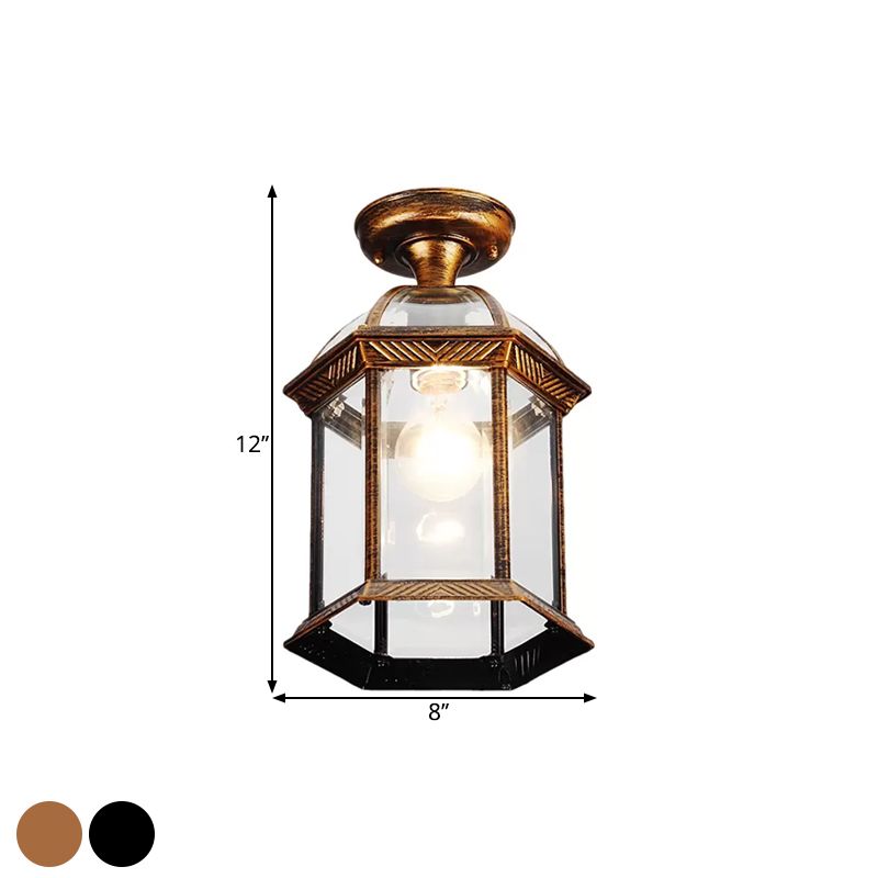 Clear Glass Black/Brass Ceiling Flush Lantern Cage Single Bulb Traditional Semi Mount Lighting, 8"/9.5" Wide