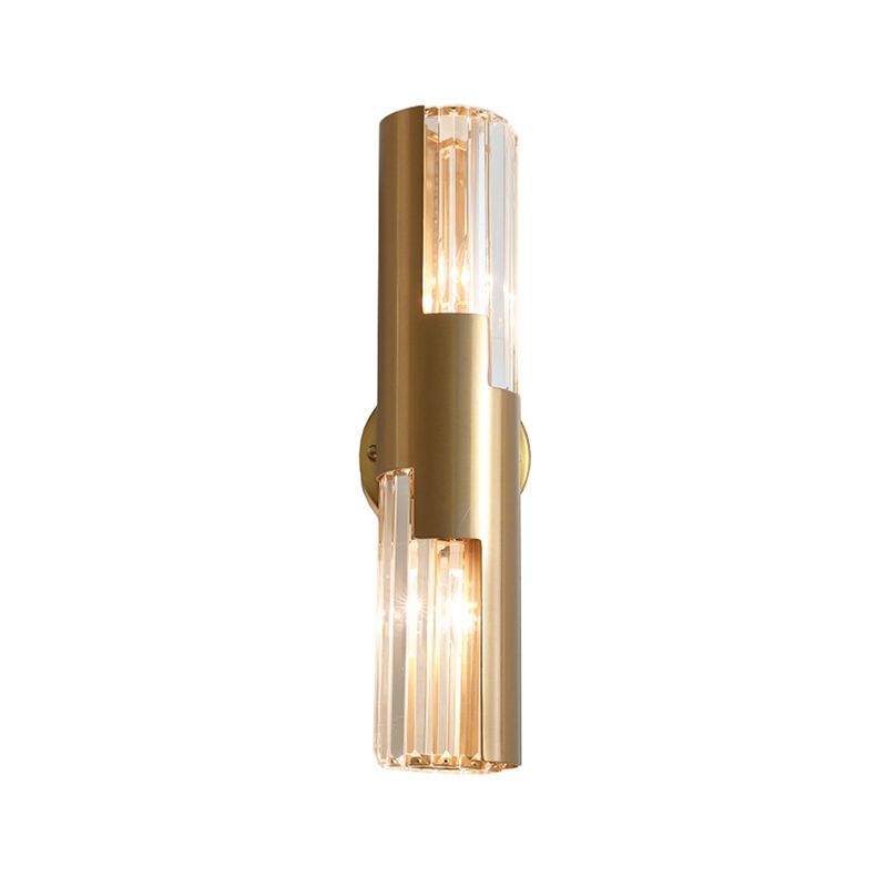Pole Shaped Living Room Wall Sconce K9 Crystal 2-Bulb Minimalist Wall Mount Lamp in Gold
