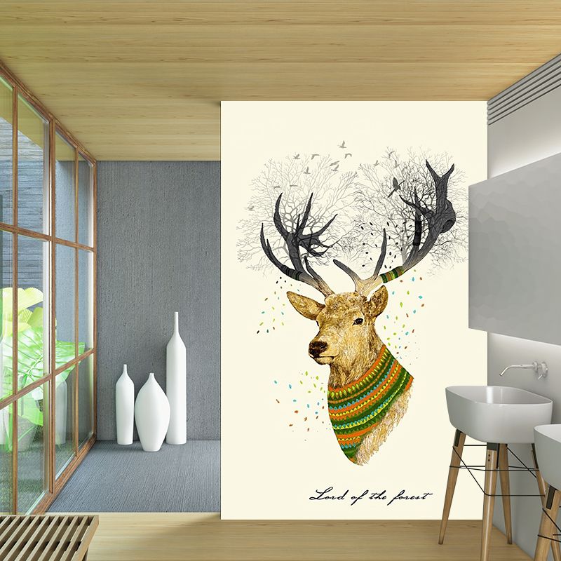 Beige Elk Head Painting Murals Waterproof Nordic Bedroom Wall Covering, Non-Woven