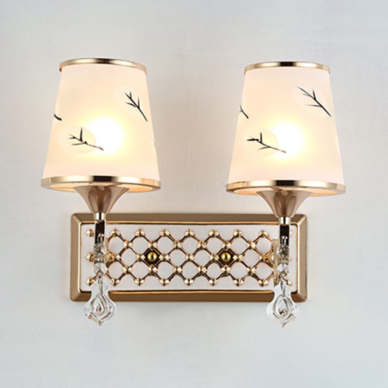 White Glass Flared Wall Lamp Contemporary Gold Wall Light Fixture for Bedroom