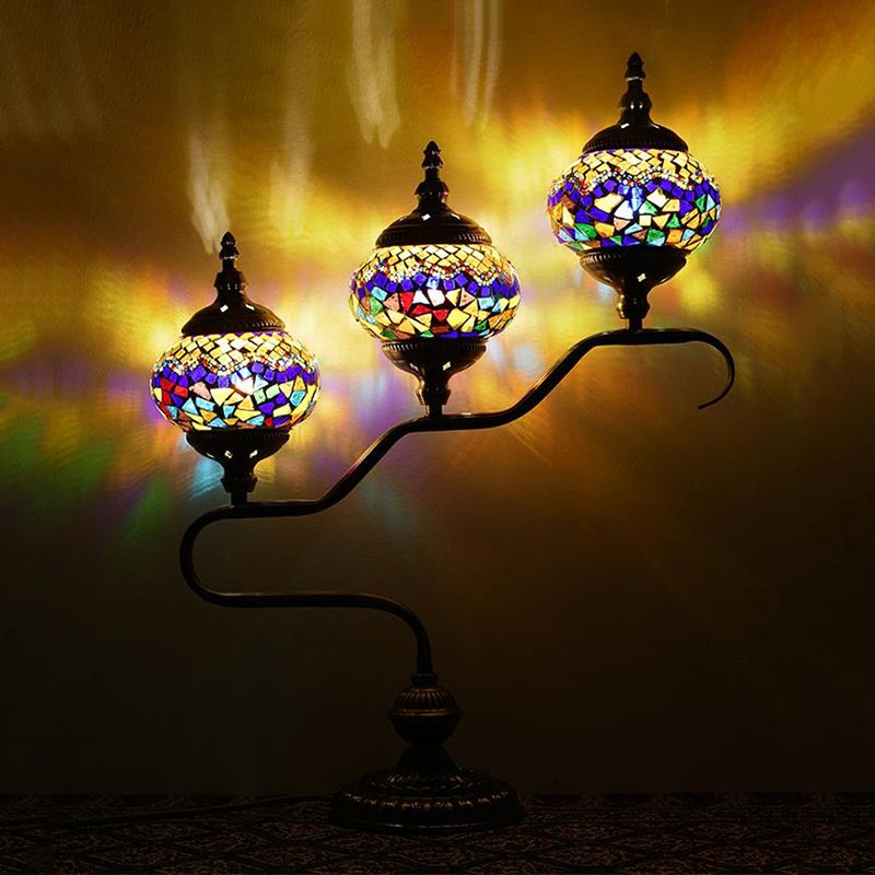 3 Heads Stained Glass Night Light Mediterranean Red/Orange/Blue Tower Bedroom Table Lamp with Step Design