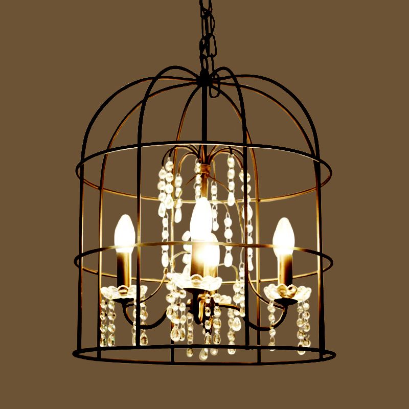 4 Lights Pendant Light Classic Birdcage Metal Hanging Chandelier in Black with Crystal Draping