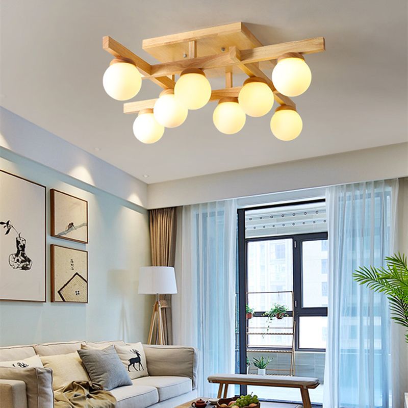 Ball-Shaped Semi Flush Light Fixture Modern Wood Living Room Semi Flush Chandelier