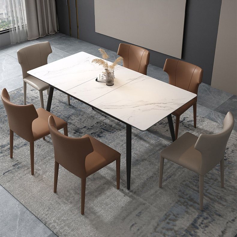 Mesa de comedor industrial extensible rectángulo Mesa de piedra sinterizada blanca con 4 piernas negras