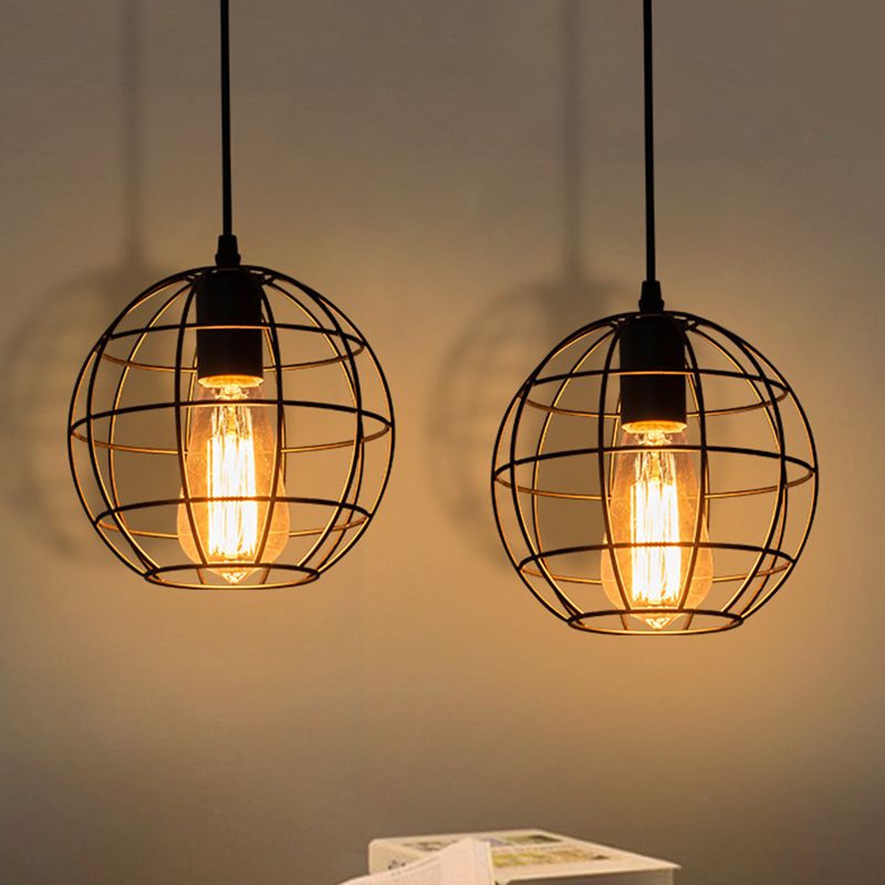 Black Metal 1 Light Light Light Light Indsutrial Retro sferico Cage Hanging Lampada per il ristorante