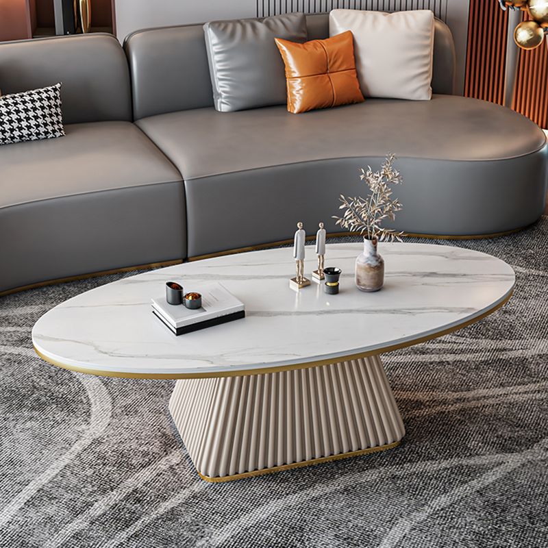 15.7"Tall Iron Pedestal Black/ White Oval Slate Top Coffee Table