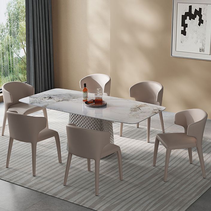 Modern White Rectangular Stone Top Dining Table with Silver Pedestal