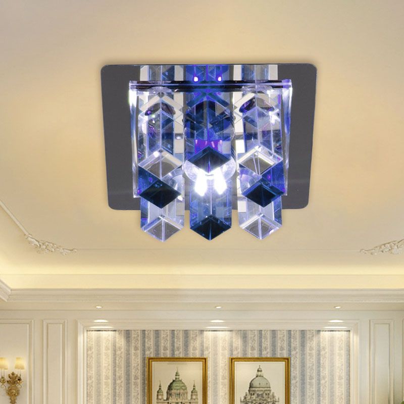 LED Flush Mount Light Minimal Square Blue/Clear/Tan Crystal Block Close to Ceiling Lamp for Hallway