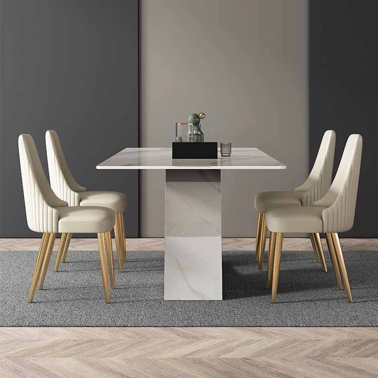 Modern Sintered Stone Table Set of 5 with Rectangle Table Dining Set with White PU Leather Chairs