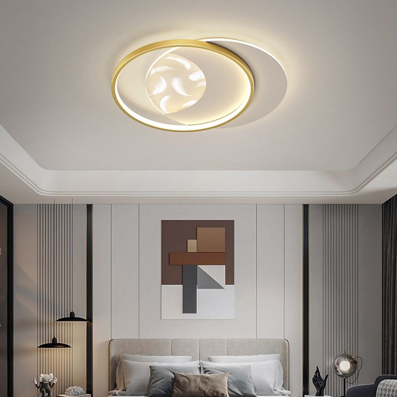 Modern Creative Circular LED Ceiling Light Wrought Iron Feather Flush Mount with Acrylic Shade