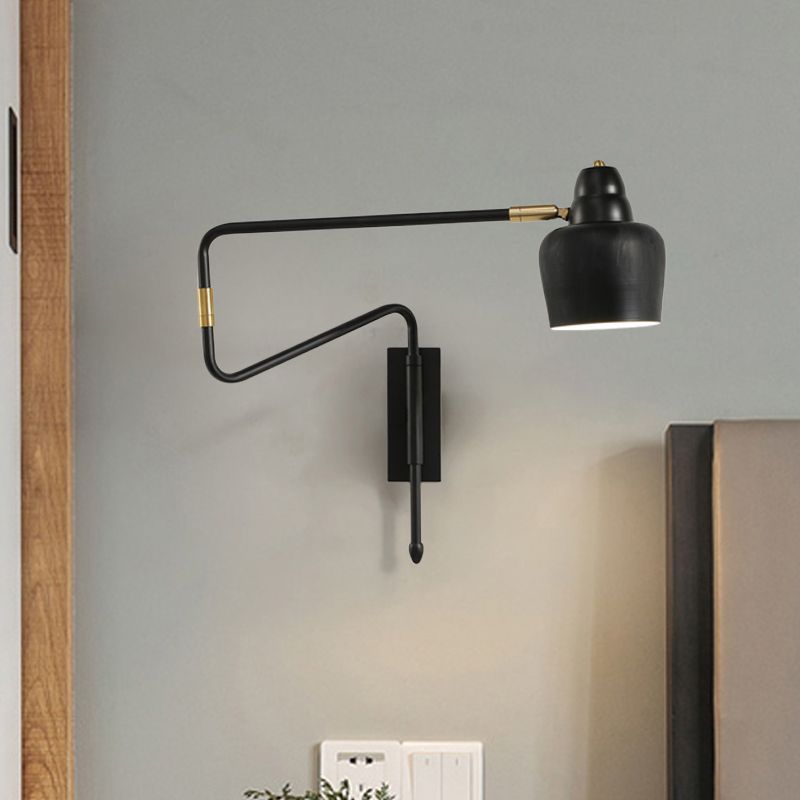 1-Light Angled Arm Wall Lighting Ideas Industrial Black/Gold Metal Wall Sconce with Bowl Shade