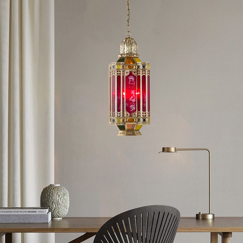 Arab Lantern Hanging Chandelier 3 Heads Red Glass Pendant Ceiling Light in Brass for Corridor
