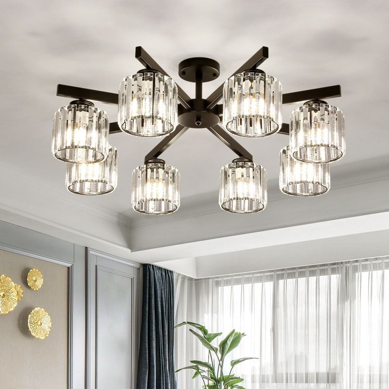 8 Heads Living Room Semi Flush Mount Minimalist Black Close to Ceiling Light with Cylinder Crystal Shade