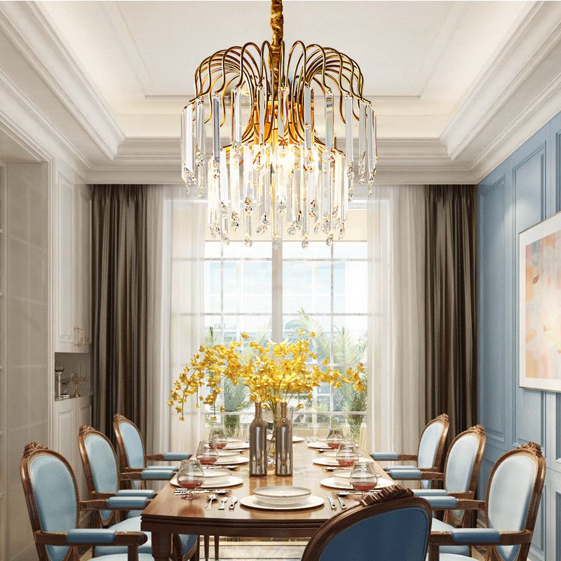 Rectangle-Cut Crystal Gold Hanging Chandelier Waterfall 3 Lights Vintage Down Lighting Pendant for Dining Room