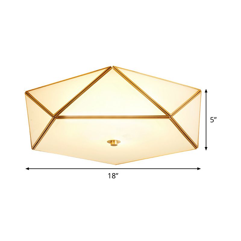 Beveled Box Hotel Flush Mount Frosted White Glass Single Post-Modern Ceiling Light in Gold, 14"/18" Width