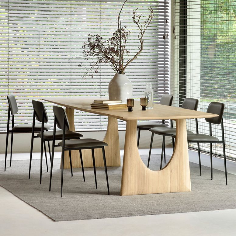 Mesa de comedor industrial de madera maciza, mesa rectangular en la naturaleza con pedestal doble