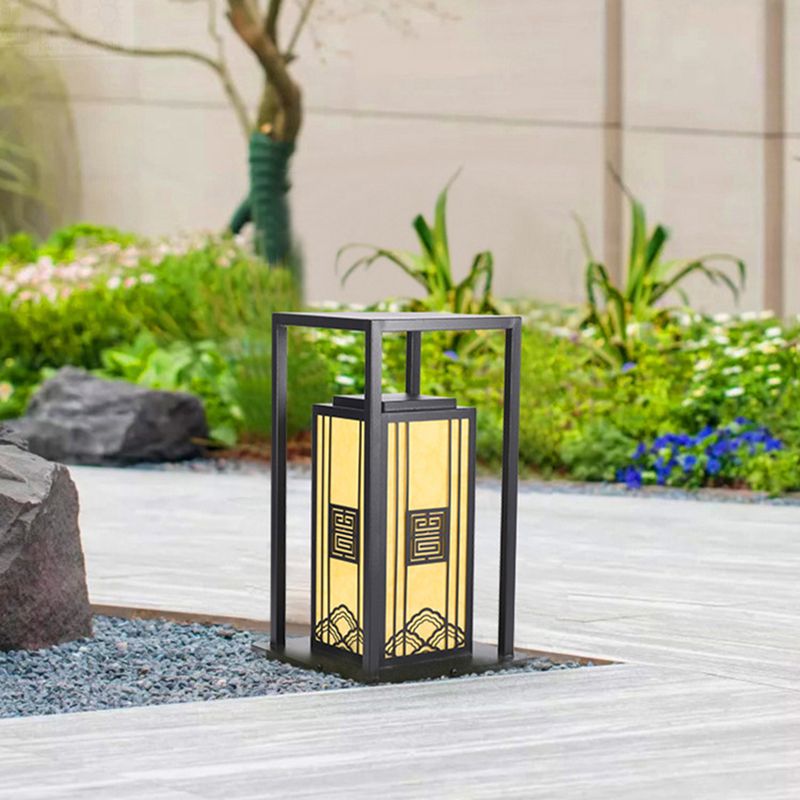 Contemporary Metal Pillar Lamp Rectangle Shape Outdoor Waterproof Light with Stone Shade