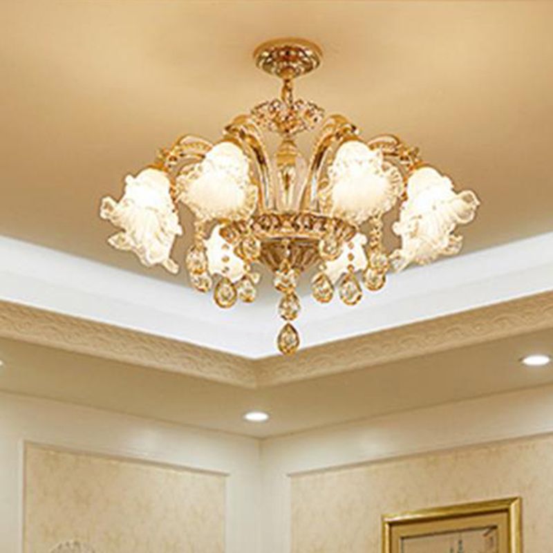 Ribbed Glass Ruffled Flower Suspension Light Retro Living Room Chandelier Light with Crystal Draping in Gold