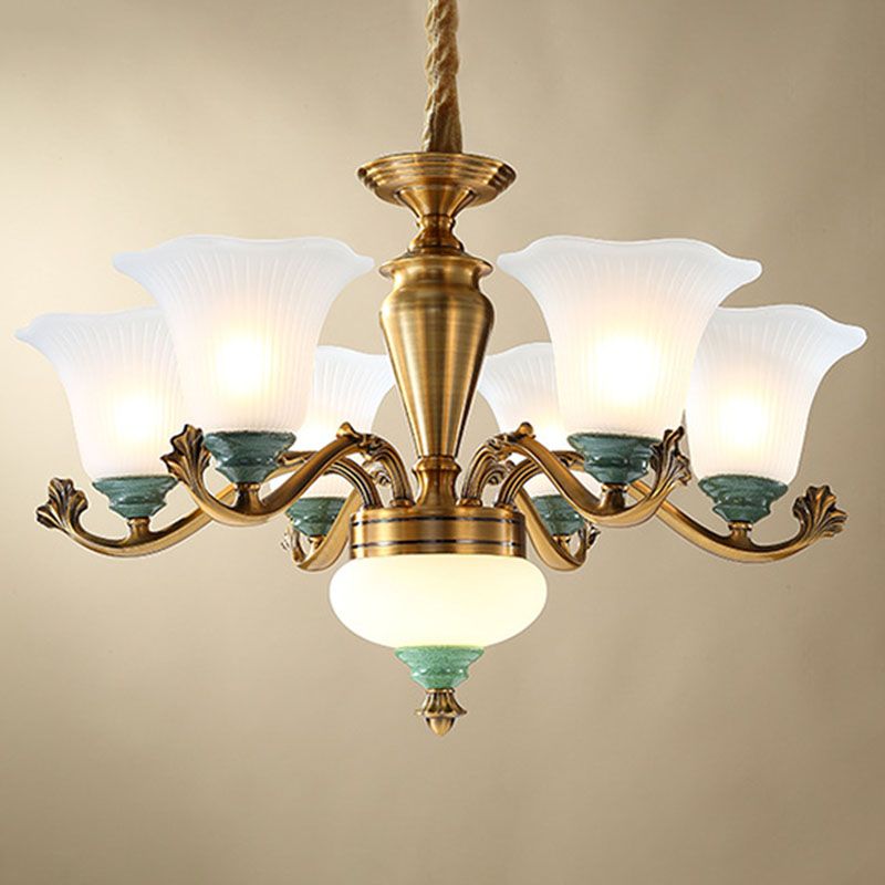 Opal Glass Ruffle Up Pendant Chandelier Simple Brass Suspension Light for Dining Room