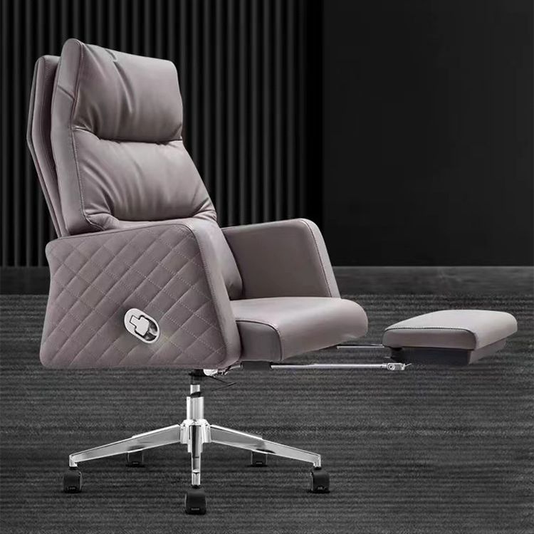 Gray Leather Managers Chair Contemporary Padded Arms Swivel Office Chair