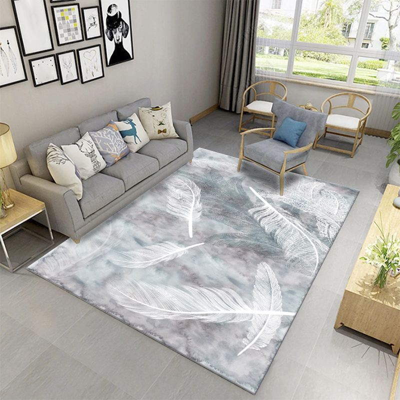 Grey Living Room Area Rug Plant Pattern Polyester Area Carpet Stain Resistant Easy Care Rug