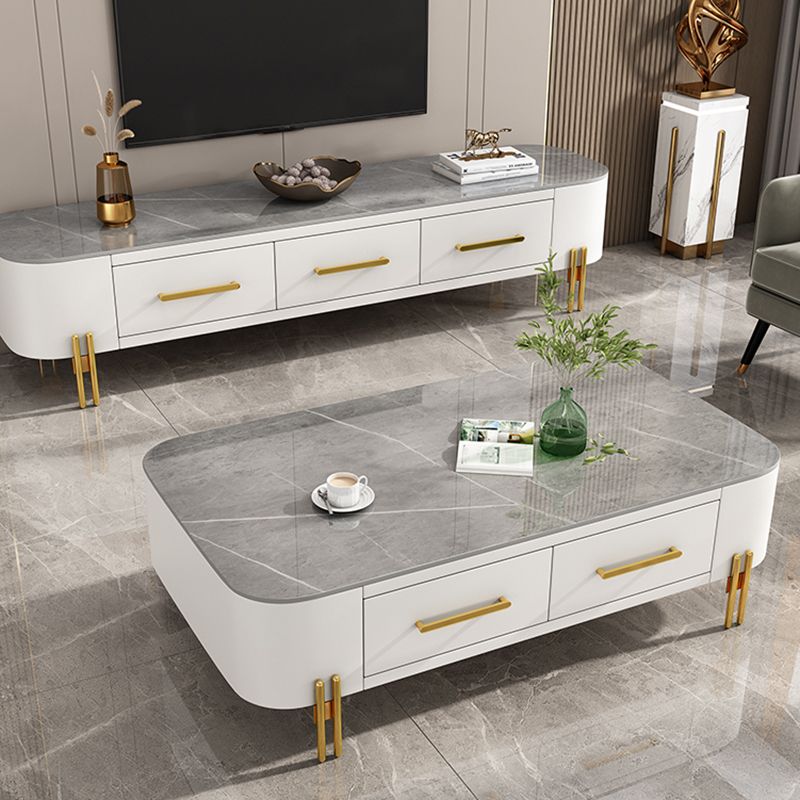 Modern Metal 4 Legs Cocktail Table Rectangle Slate Coffee Table with 2 Drawers