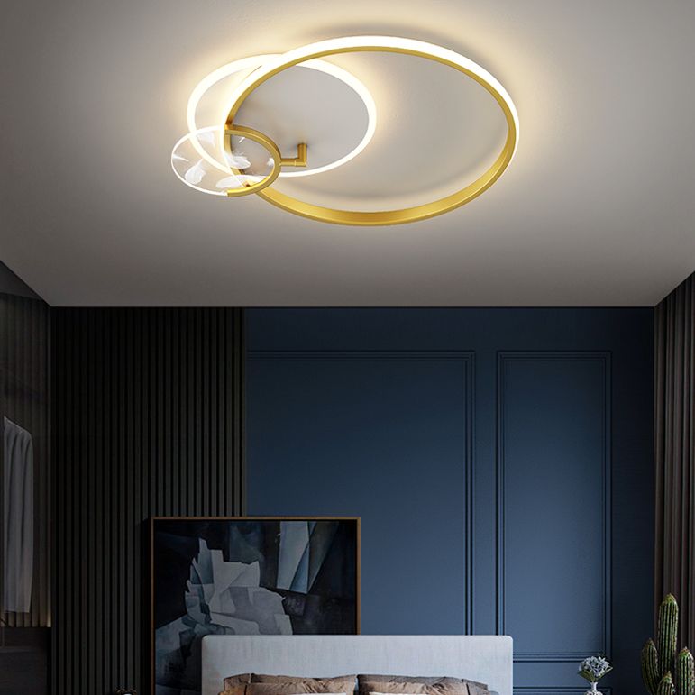 Modern Romantic Feather LED Ceiling Fixture Wrought Iron Geometric Semi Flush Mount for Living Room