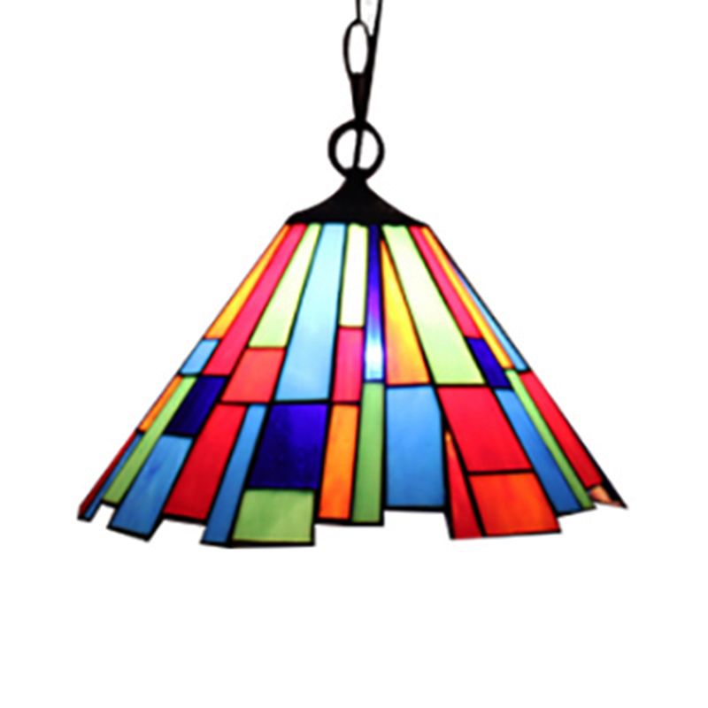 Stained Glass Conical Hanging Lamp Tiffany 1 Bulb Black Ceiling Pendant for Dining Room, 12"/16" Wide