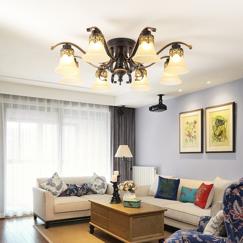 Retro Traditional Style Ceiling Lamp White Glass Flush Mount Light for Bedroom