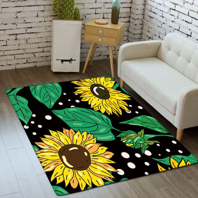 Black Modern Carpet Polyester Flowers Carpet Washable Carpet for Living Room