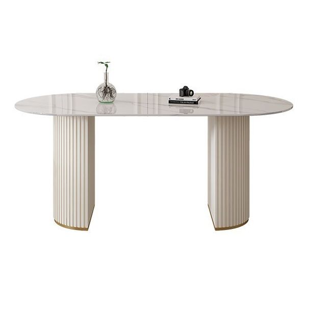 Contemporary Dining Table Stone Dining Table in White with Double Pedestal