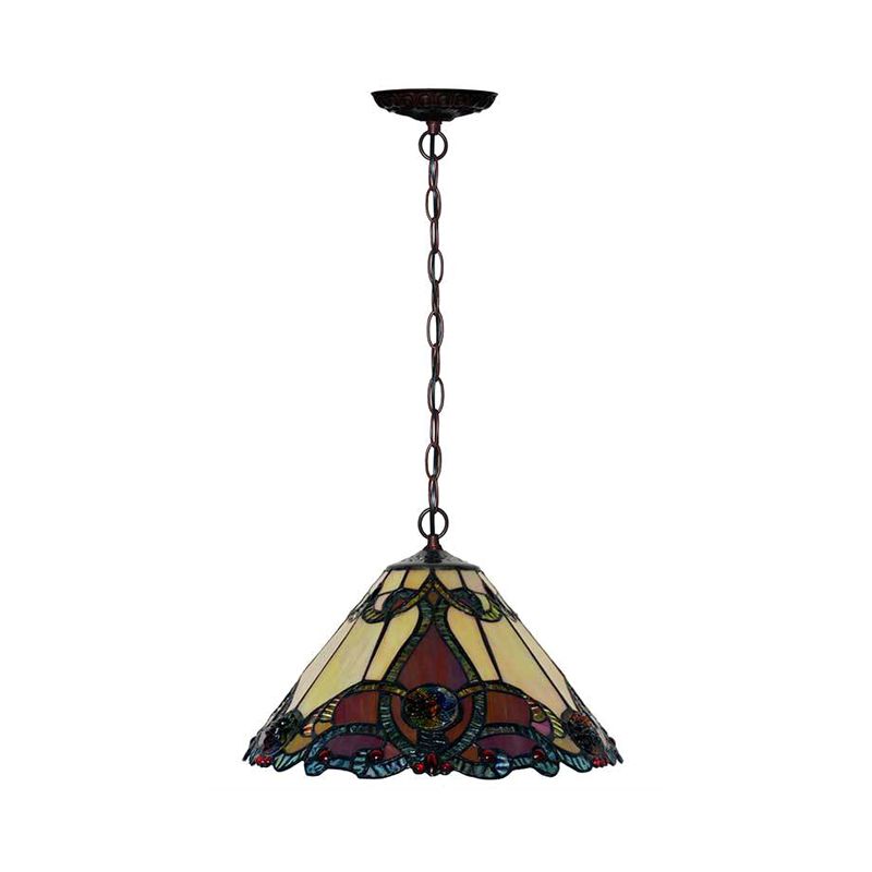 1 Light Kitchen Pendant Lamp Tiffany Bronze Ceiling Light with Conical Red Stained Glass Shade