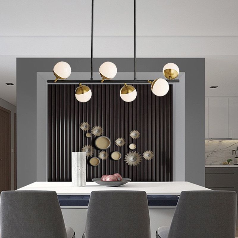 Modern 6 Lights Island Lighting Black Brass Globe Glass Pendant Light