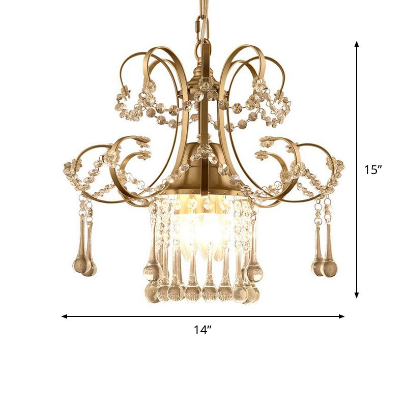 Gold 3 Lights Ceiling Chandelier Contemporary Metal Scrolling Pendulum Lamp with Crystal Accent