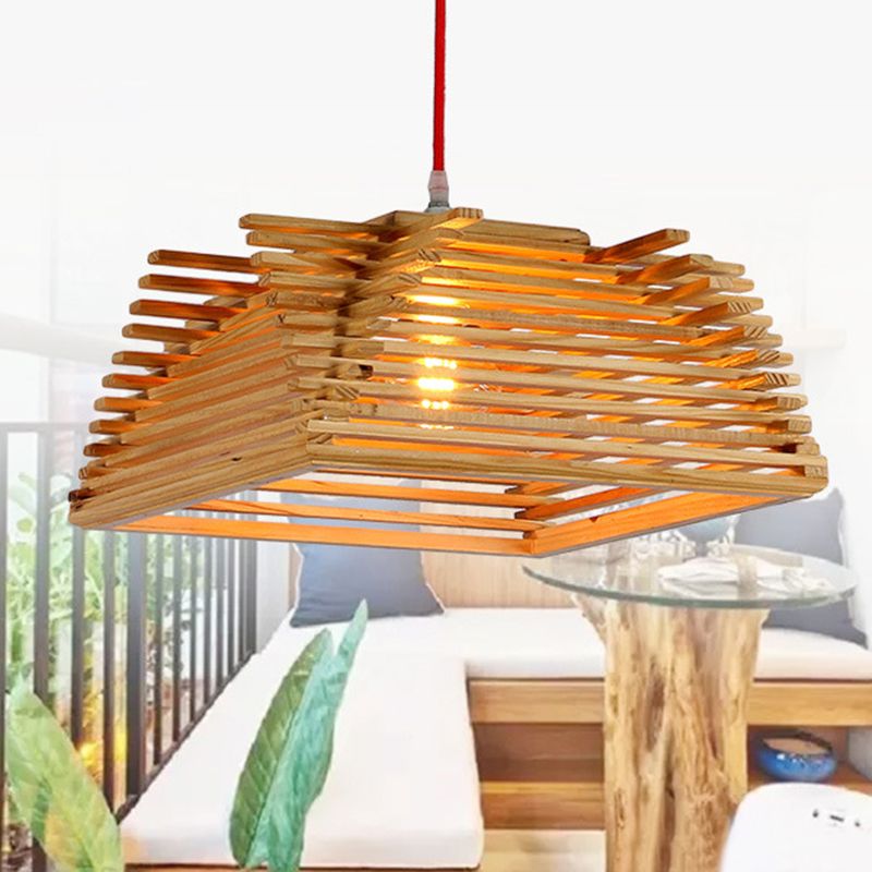 Lámpara colgante de beige de 1 luce de madera cuadrada cuadrada asiática con cable ajustable para sala de estar