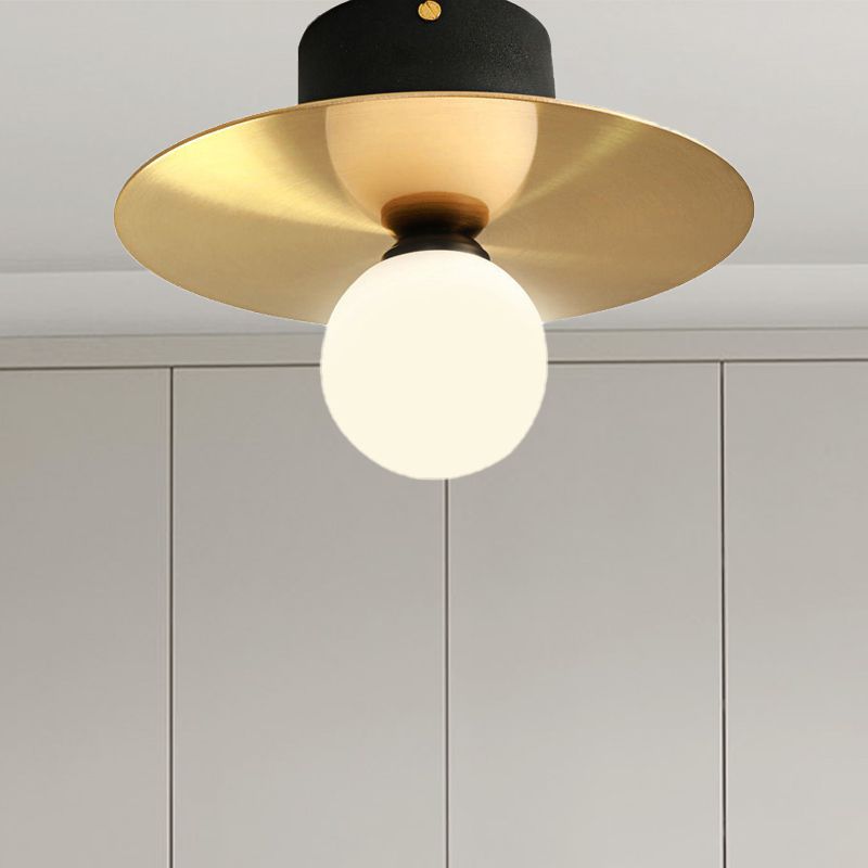Milk Glass Globe Light Fixture Ceiling with Golden Disk Contemporary 1 Bulb Ceiling Light for Living Room