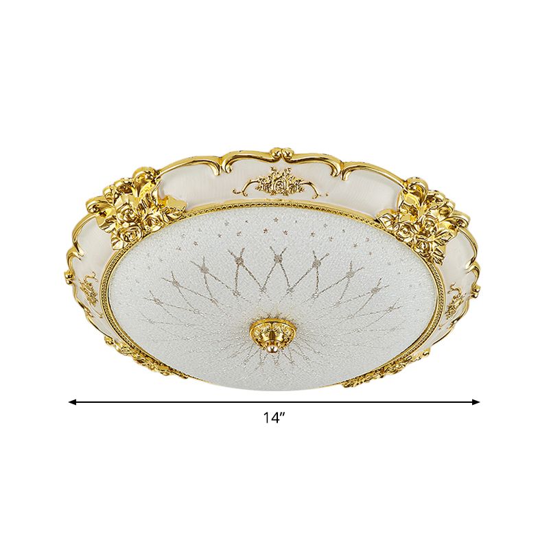 Circular Dining Room Flush Light Vintage Frosted Glass LED Gold Ceiling Mounted Fixture with Etching Flower Trim, 14"/16" Wide